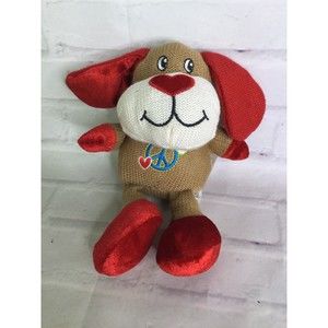 Dan Dee Puppy Dog Knit Plush Stuffed Animal Toy Red Brown Hearts Peace Sign 2011